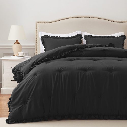 CT0430507JS_1 HARBOREST Lightweight 2 Pieces Black Ruffle Bed Set Vintage Farmhouse Soft Comforter Set Twin with 1 Pillow Shams(Twin/Twin XL, 66x92 inches, Black)