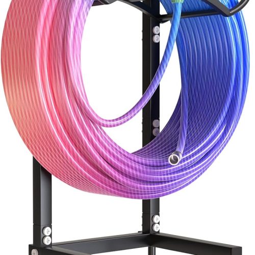 CT0431780JS_1 Qatsrin New Garden Hose Holder, Super Stable Water Hose Holders Stand Holds 160-Feet Hose, Rustproof Freestanding Hose Storage Hanger Rack for Outside Yard Lawn Farm, Black