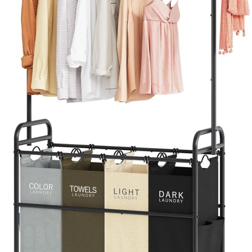 Tajsoon Laundry Sorter Cart with Hanging Clothes Rack, 4 Butler Sorter Basket Organizer, Laundry Hamper Cart with Heavy Duty Rolling Lockable Wheels, 4 Colors