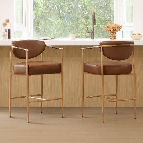 CHITA Counter Height Bar Stools Set of 2, Modern Upholstered Barstool with Arms and Metal Legs, Counter Stools for Kitchen Island, Home Bar, 27" Seat Height, Faux Leather in Saddle Brown