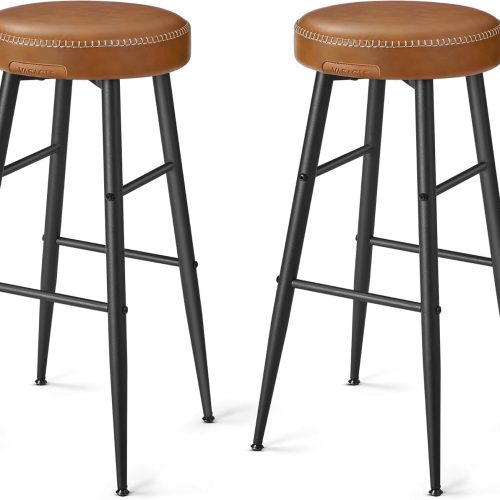 VASAGLE EKHO Collection - Bar Stools Set of 2, Kitchen Counter Stools, Breakfast Stools, Synthetic Leather with Stitching, Mid-Century Modern, 30-Inch Tall, Home Bar, Caramel Brown ULBC090K01V1