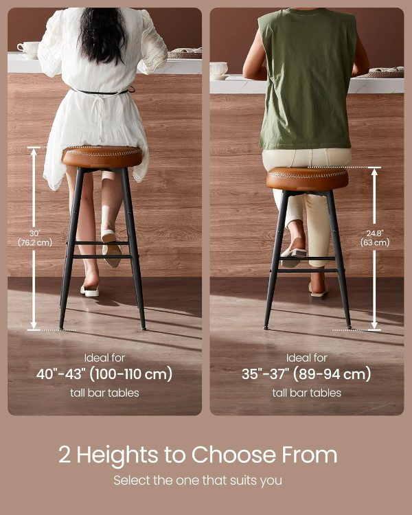 CT0432366JS_3 VASAGLE EKHO Collection - Bar Stools Set of 2, Kitchen Counter Stools, Breakfast Stools, Synthetic Leather with Stitching, Mid-Century Modern, 30-Inch Tall, Home Bar, Caramel Brown ULBC090K01V1