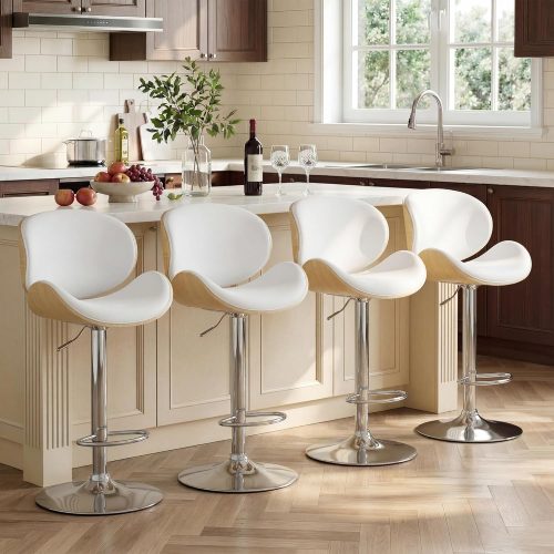 LSSPAID Swivel Bar Stools Set of 4, Modern PU Leather Upholstered Counter Height Chairs with Back & Footrest, Adjustable Bentwood Barstools for Kitchen Island, Dining Room, White