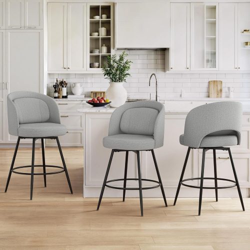 LUE BONA 26''H Swivel Bar Stools Set of 3, Counter Height Bar Stools with Backs, Lumbar Pillow and Black Metal Frames, Upholstered Modern Barstools for Kitchen Island, Linen Farbic, Gray