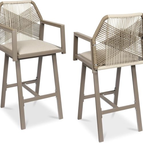 Best Choice Products Outdoor Bar Stools Set of 2, Bar Height, 360° Swivel Aluminum Frame, All-Weather Woven Rope Chair Design w/Armrests - Taupe/Sandstorm