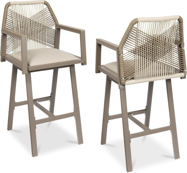 Best Choice Products Outdoor Bar Stools Set of 2, Bar Height, 360° Swivel Aluminum Frame, All-Weather Woven Rope Chair Design w/Armrests - Taupe/Sandstorm