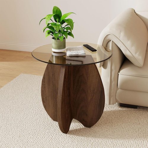 MDF Frame Side Table with Amber Tempered Glass Top | Mortise and Tenon Joint Design, No Screw Easy Assembly, Combine into Living Room Coffee Table