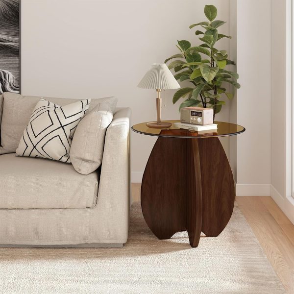 CT0432633JS_3 MDF Frame Side Table with Amber Tempered Glass Top | Mortise and Tenon Joint Design, No Screw Easy Assembly, Combine into Living Room Coffee Table