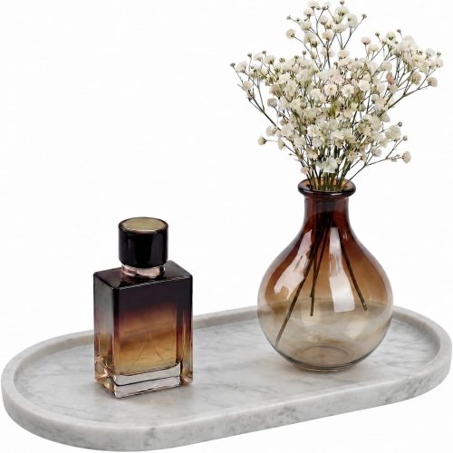CT0432886JS_1 YKAJO Carrara White Gray Oval Marble Tray, 11.8x5.9 Perfume Organizer Dish | Honed natural stone; holds jewelry, rings, keys, candles, trinkets; for dresser, nightstand, bath counter