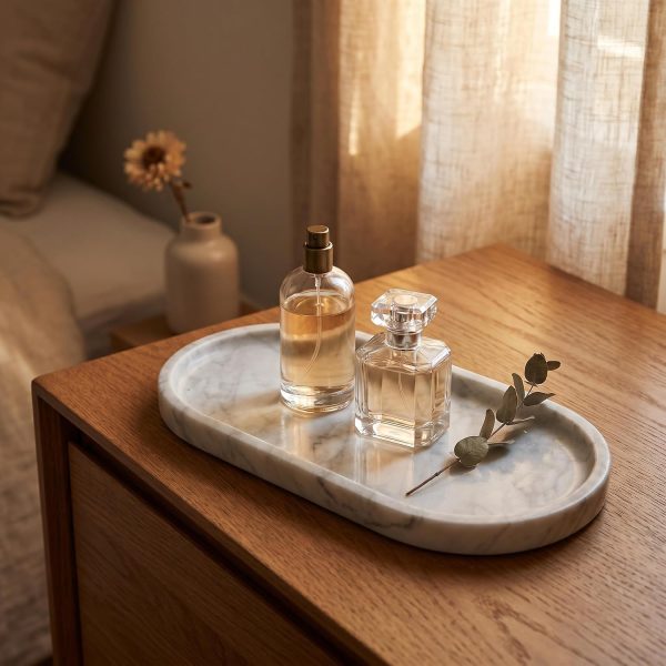 YKAJO Carrara White Gray Oval Marble Tray, 11.8x5.9 Perfume Organizer Dish | Honed natural stone; holds jewelry, rings, keys, candles, trinkets; for dresser, nightstand, bath counter