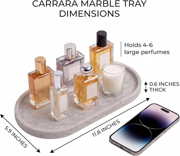 YKAJO Carrara White Gray Oval Marble Tray, 11.8x5.9 Perfume Organizer Dish | Honed natural stone; holds jewelry, rings, keys, candles, trinkets; for dresser, nightstand, bath counter