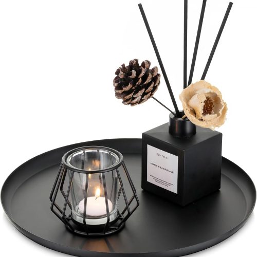 CT0432902JS_1 Romadedi Black Round Decorative Tray: Metal Candle Trays Decor for Coffee Table Centerpiece Large Modern Serving Tray for Kitchen Counter Farmhouse Home Decorations, 12.6 Inch