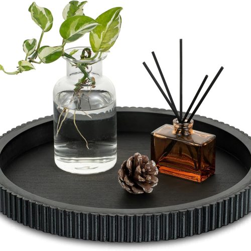 Hanobe Black Decorative Coffee Table Tray, Scalloped Edge | 12" round wood centerpiece tray, ideal for living room, entryway table, kitchen island, fits modern decor.