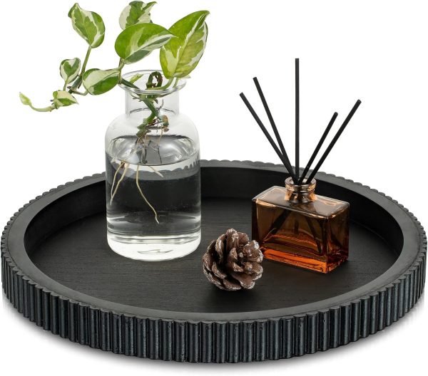 Hanobe Black Decorative Coffee Table Tray, Scalloped Edge | 12" round wood centerpiece tray, ideal for living room, entryway table, kitchen island, fits modern decor.