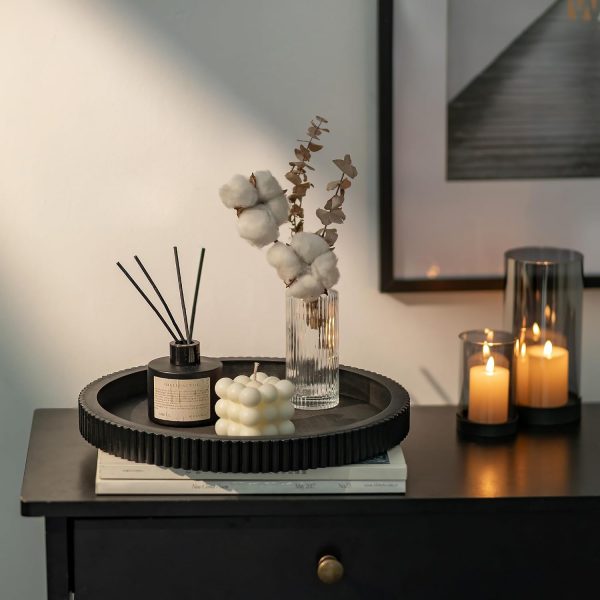 Hanobe Black Decorative Coffee Table Tray, Scalloped Edge | 12" round wood centerpiece tray, ideal for living room, entryway table, kitchen island, fits modern decor.