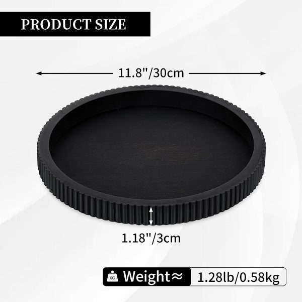 Hanobe Black Decorative Coffee Table Tray, Scalloped Edge | 12" round wood centerpiece tray, ideal for living room, entryway table, kitchen island, fits modern decor.