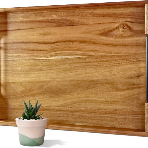 22 Inches Acacia Wood Serving Tray with Black Metal Handles | Large Decorative Wooden Tray for Living Room Kitchen Coffee Table Couch Bed
