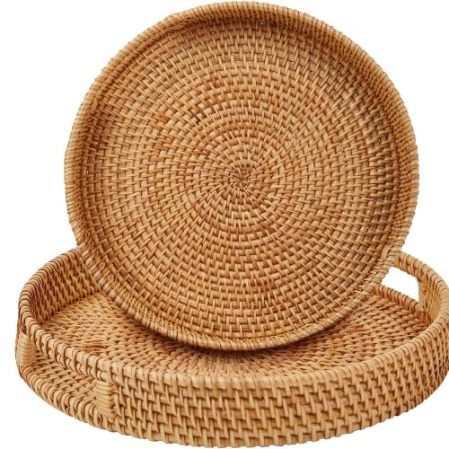CT0432992JS_1 Round Rattan Serving Tray with Handles,2 Hand Woven Basket, Home Decor Organizer Tray for Breakfast, Tea, Snack, Fruit, Coffee, Storage (Large + Medium)(14.17inchX2.3inch+11.9inchX1.7inch