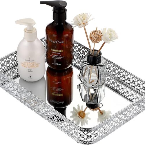 ELLDOO Perfume Mirror Tray Vanity Makeup Hollow-Carved Jewelry Organizer Glass Metal Trinket Storage Tray Home Decor Organizer for Dresser Bathroom Countertop,Silver,Medium Size