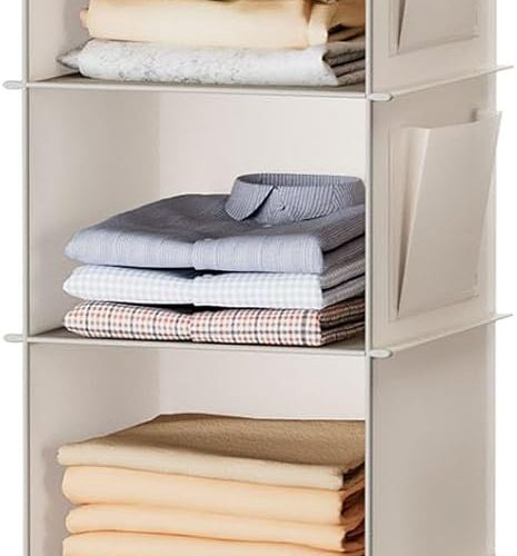 YOUDENOVA Hanging Closet Organizer and Storage, 6-Shelf, Beige | Breathable Fabric, 2 Side Pockets, Clothes Organizer, Hanging Shelves, Closet Storage, College Dorm Room Essentials for Guys