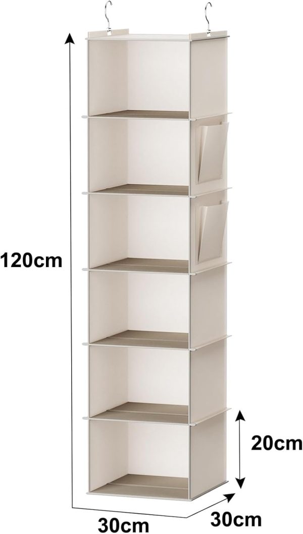 YOUDENOVA Hanging Closet Organizer and Storage, 6-Shelf, Beige | Breathable Fabric, 2 Side Pockets, Clothes Organizer, Hanging Shelves, Closet Storage, College Dorm Room Essentials for Guys