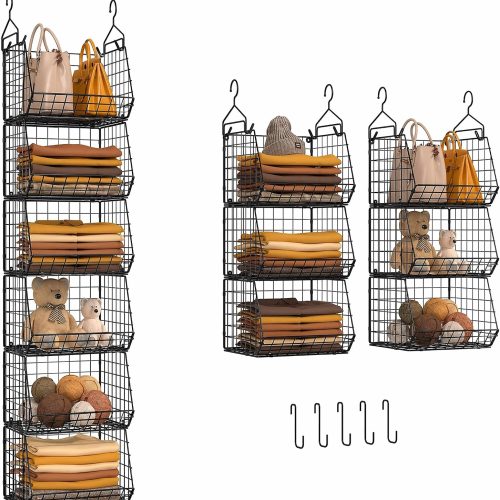 6 Tier Closet Hanging Organizer, Clothes Hanging Shelves with 4 Hanging Hooks 5 S Hooks, Wire Storage Basket Bins, for Clothing Sweaters Shoes Handbags Clutches Accessories Patent Design-Black