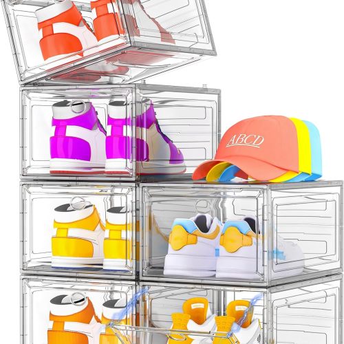 7 code Shoe Organizer, Clear Thickened Stackable Shoe Boxes with Magnetic Door, Collapsible Closet Storage Rack for Sneakers & Boots, 6 Pack White, Virgin Material, Not Recycled Plastic for Household | Thick Plastic Shoe Storage for Sneakers & Boots, Collapsible Closet Shoe Rack and Clear Shoe Box, 6 Pack White