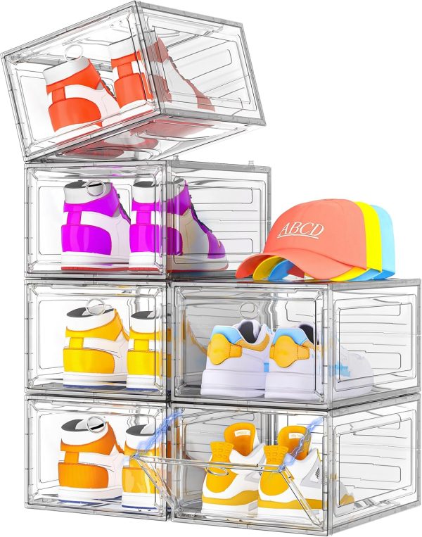 7 code Shoe Organizer, Clear Thickened Stackable Shoe Boxes with Magnetic Door, Collapsible Closet Storage Rack for Sneakers & Boots, 6 Pack White, Virgin Material, Not Recycled Plastic for Household | Thick Plastic Shoe Storage for Sneakers & Boots, Collapsible Closet Shoe Rack and Clear Shoe Box, 6 Pack White