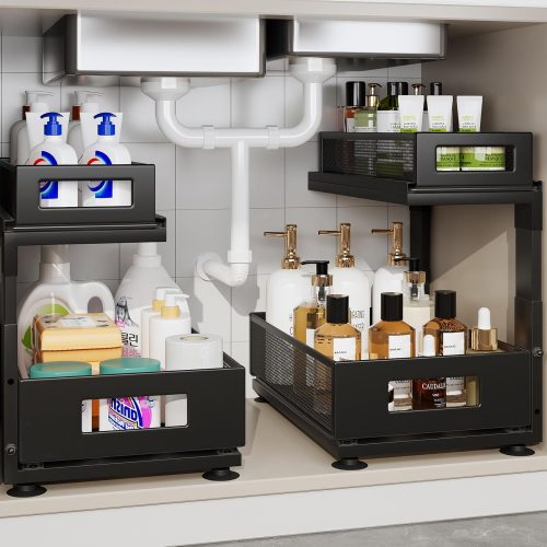 CT0433783JS_1 2 Pack Under Sink Organizer with Next-Gen Ball-Bearing Slides,2-Tier Pull Out Cabinet Storage,Height Adjustable Drawer Shelf for Bathroom,Kitchen,Laundry,Cabinet,Pantry(Patent Pending)