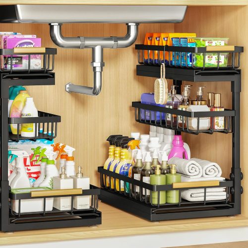 CT0433789JS_1 Under Sink Organizer and Storage for Bathroom and Kitchen - 2 Pack 3 Tier Under Cabinet Pull Out Shelf Organizers - Slide Out Drawer Organization for Home Cabinets Shelves and Drawers