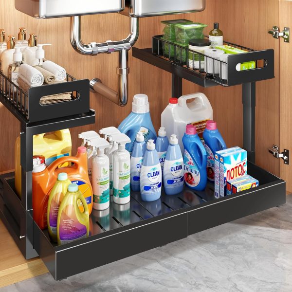 CT0433790JS_1 1 Pack Expandable Under Sink Organizers And Storage With Upgrade Ball-Bearing Slide Tracks,2-Tier Pull Out Under Cabinet Organizer Height Adjustable,Slide Out Under Sink Drawers-Black(Patent Pending)