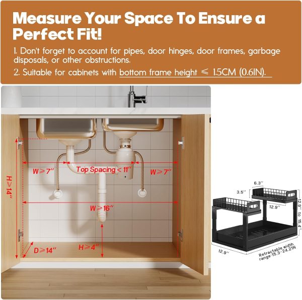 CT0433790JS_3 1 Pack Expandable Under Sink Organizers And Storage With Upgrade Ball-Bearing Slide Tracks,2-Tier Pull Out Under Cabinet Organizer Height Adjustable,Slide Out Under Sink Drawers-Black(Patent Pending)