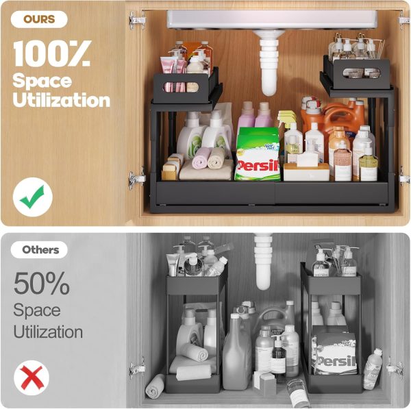 CT0433790JS_4 1 Pack Expandable Under Sink Organizers And Storage With Upgrade Ball-Bearing Slide Tracks,2-Tier Pull Out Under Cabinet Organizer Height Adjustable,Slide Out Under Sink Drawers-Black(Patent Pending)