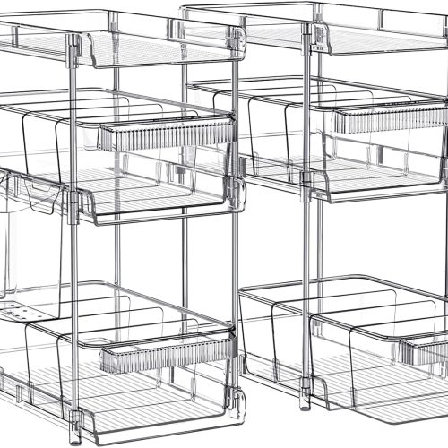 Clear Bathroom Organizers 2 Sets 3 Tier, Pull Out Organizer and Storage with 2 Cups, Slide Out Drawer Storage Container with 6 Dividers, Multi-Purpose Bathroom Organizer, Kitchen Under Sink Organizer