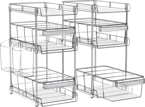 CT0433850JS_1 Clear Bathroom Organizers 2 Sets 3 Tier, Pull Out Organizer and Storage with 2 Cups, Slide Out Drawer Storage Container with 6 Dividers, Multi-Purpose Bathroom Organizer, Kitchen Under Sink Organizer