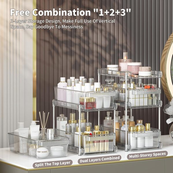 CT0433850JS_2 Clear Bathroom Organizers 2 Sets 3 Tier, Pull Out Organizer and Storage with 2 Cups, Slide Out Drawer Storage Container with 6 Dividers, Multi-Purpose Bathroom Organizer, Kitchen Under Sink Organizer