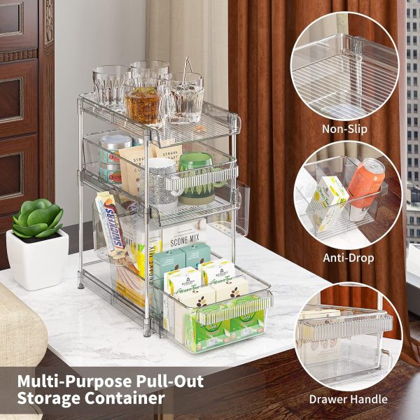 CT0433850JS_3 Clear Bathroom Organizers 2 Sets 3 Tier, Pull Out Organizer and Storage with 2 Cups, Slide Out Drawer Storage Container with 6 Dividers, Multi-Purpose Bathroom Organizer, Kitchen Under Sink Organizer