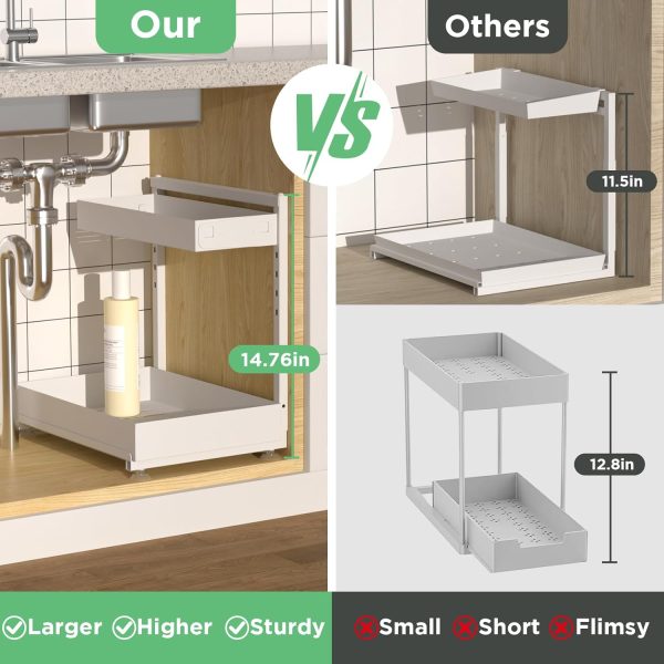 CT0433965JS_2 Under Sink Organizer Bathroom Kitchen: 2 Pack 2 Tier Metal Under Cabinet Storage with Height-adjustable Shelf and Pull out Rack for Pantry Vanity Cupboard Counter Countertop, White