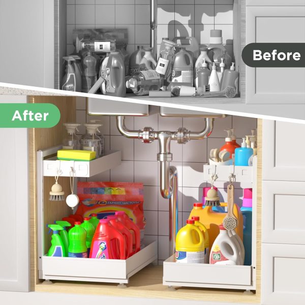 CT0433965JS_3 Under Sink Organizer Bathroom Kitchen: 2 Pack 2 Tier Metal Under Cabinet Storage with Height-adjustable Shelf and Pull out Rack for Pantry Vanity Cupboard Counter Countertop, White