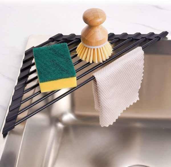 CT0434005JS_1 Tomorotec Triangle Roll Up Dish Drying Rack with Silicone Coating, Black | 304 Stainless Steel with BPA-Free Silicone, Triangle Design Maximizes Sink Corner Space, Fits Compact Kitchens And RVs