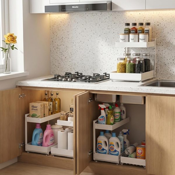 CT0434019JS_4 TATAANTY Under Sink Organizer 2 Pack, 2 Tier Metal Under the Sink Storage, Heavy Duty Slide out Pull out Cabinet Organizer, Height Adjustable for Kitchen Bathroom Pantry Closet Organization Rack