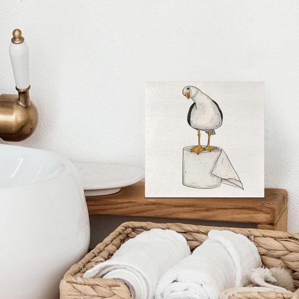 Seagull Beach Bathroom Decor, Seagull Wooden Box Signs Coastal Decor, Funny Wood Signs for Bathroom Restroom Toilet Counter Shelf , 5x5 Inch