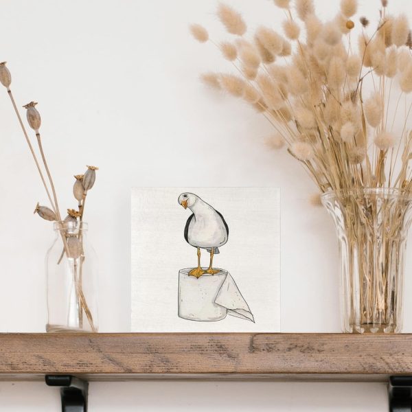 Seagull Beach Bathroom Decor, Seagull Wooden Box Signs Coastal Decor, Funny Wood Signs for Bathroom Restroom Toilet Counter Shelf , 5x5 Inch