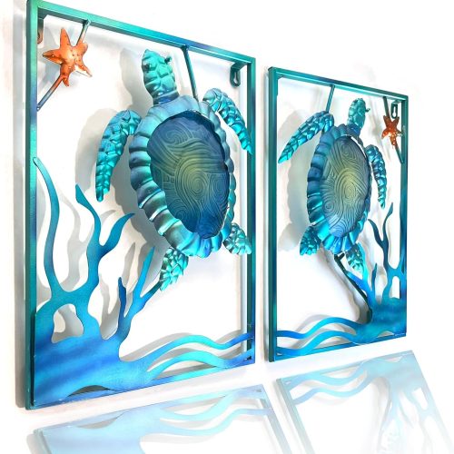 CT0434180JS_1 LIFFY Metal Sea Turtle Beach Themed Bathroom Wall Art Decor with Frame-Outdoor Wall Art with LED Fairy Lights, Fish Glass Art Wall Sculpture for Patio,Beach,Garden,Yard,Pool,home gift(2pcs, Blue)