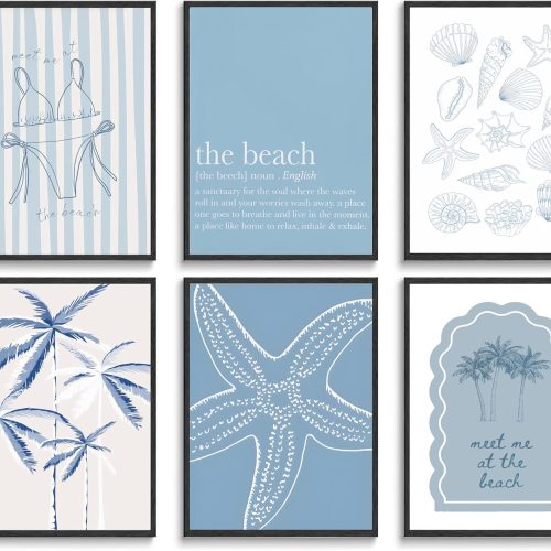 CT0434208JS_1 6Pcs Blue Coastal Wall Art Summer Beach Shell Wall Decor Pictures Light Blue Bikini Plant Starfish Posters Canvas Prints for Modern Shoreside Themed Home Decoration Bathroom Room Decoration Unframed