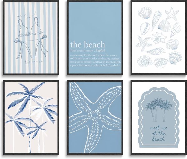 6Pcs Blue Coastal Wall Art Summer Beach Shell Wall Decor Pictures Light Blue Bikini Plant Starfish Posters Canvas Prints for Modern Shoreside Themed Home Decoration Bathroom Room Decoration Unframed