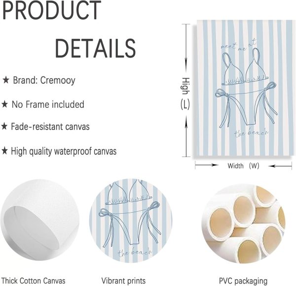 6Pcs Blue Coastal Wall Art Summer Beach Shell Wall Decor Pictures Light Blue Bikini Plant Starfish Posters Canvas Prints for Modern Shoreside Themed Home Decoration Bathroom Room Decoration Unframed