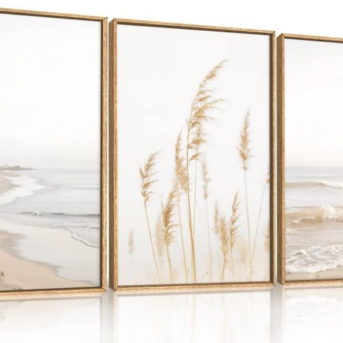 HPNIUB Modern Beach Waves Framed Wall Art Set,Seaside Reed Pathway Wall Decor,Minimalist Neutral Coastal Landscape Printing,Boho Seascape Nature Artwork for Living Room, Bedroom,Bathroom-16''x24''x3
