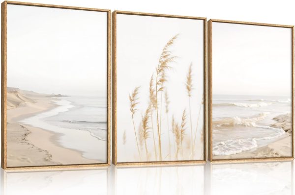 CT0434219JS_1 HPNIUB Modern Beach Waves Framed Wall Art Set,Seaside Reed Pathway Wall Decor,Minimalist Neutral Coastal Landscape Printing,Boho Seascape Nature Artwork for Living Room, Bedroom,Bathroom-16''x24''x3