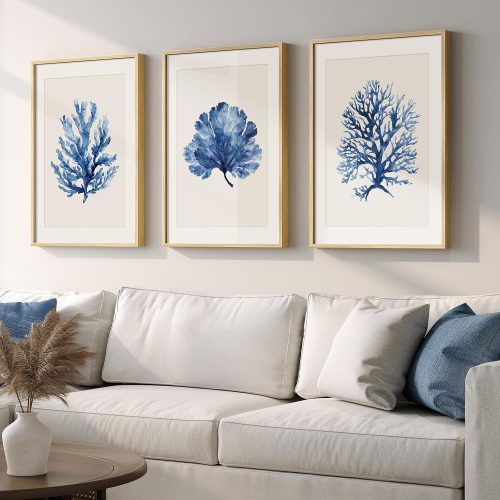 CT0434231JS_1 Framed Coastal Coral Wall Art for Living Room, Large Navy Blue Watercolor Coral Artwork for Walls, 3 Piece Minimalist Ocean Beach Marine Plants Pictures Prints for Bedroom Hallway Wall Decor, 16x24 In
